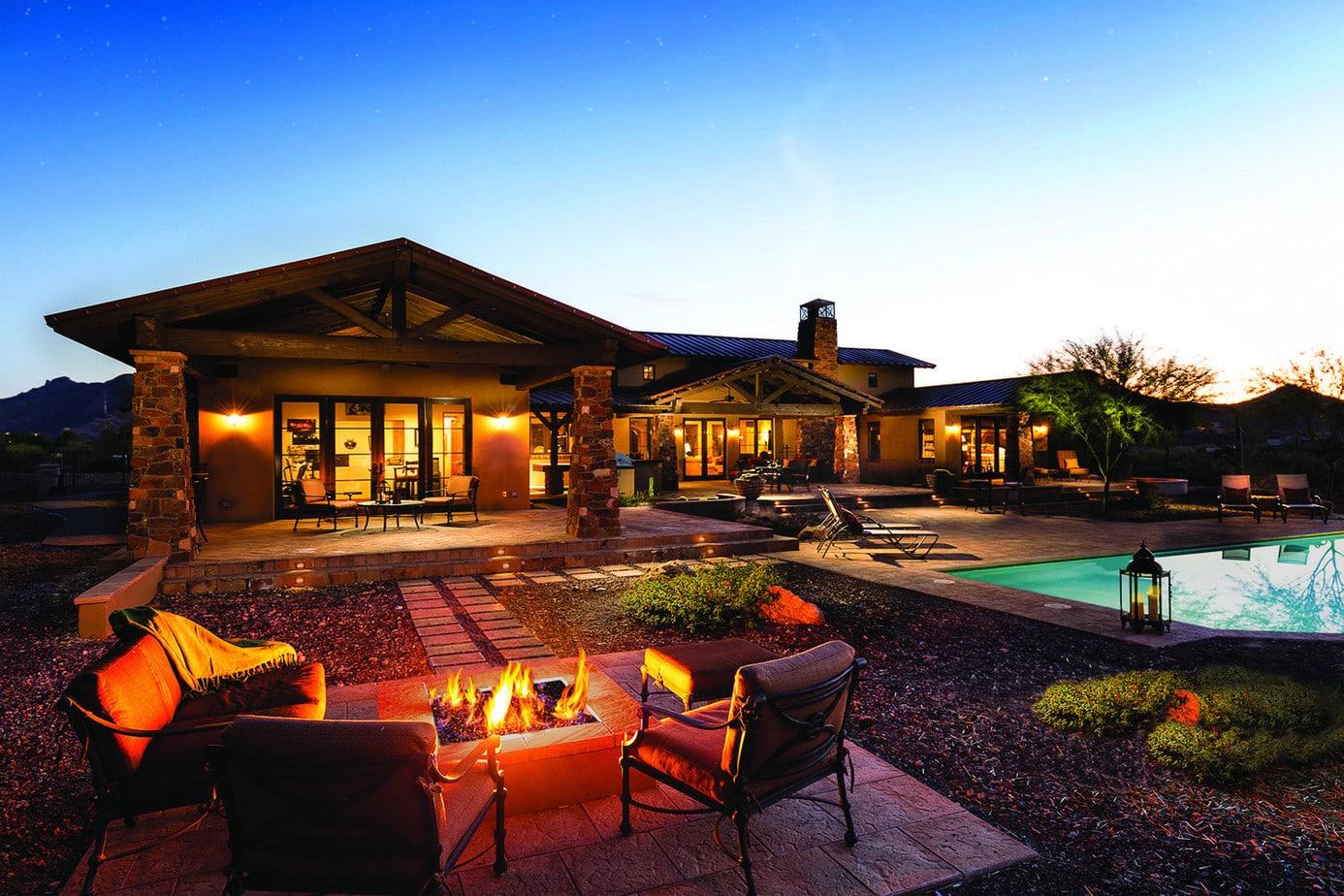 ranch house patio firepit pool